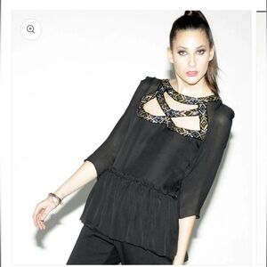 T. Tandon New York Georgette Beaded Cutout Neck Peplum Blouse